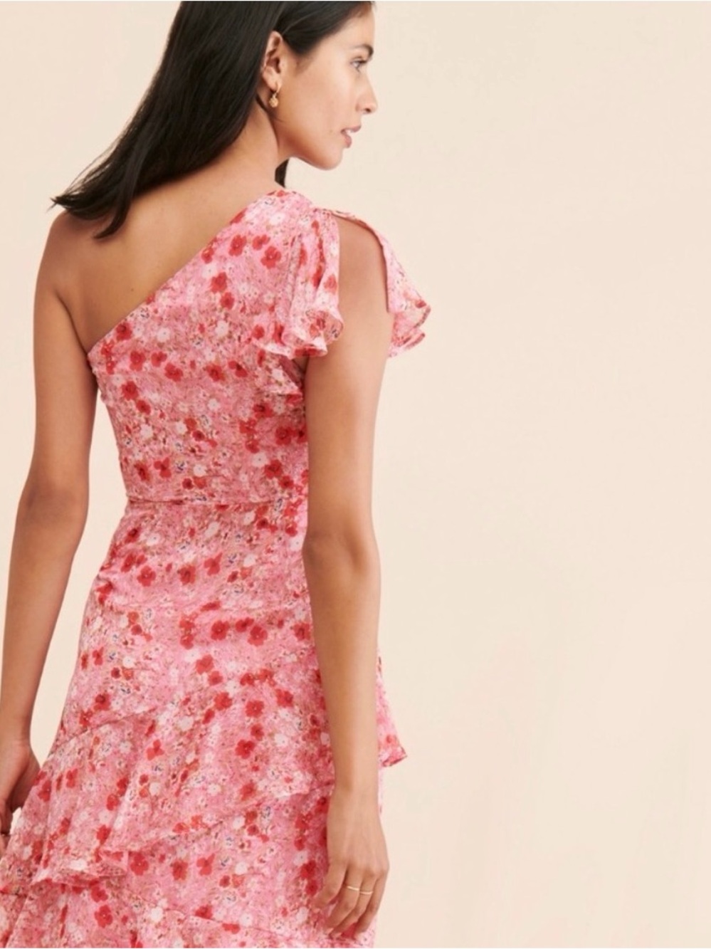 Pink One-Shoulder Floral Ruffle Dress